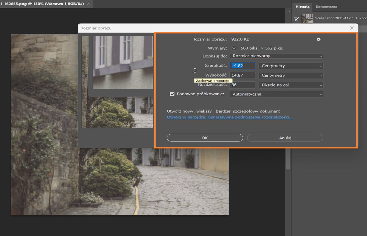 Okno dialogowe Rozmiar obrazu zawierające szerokość i wysokość w centymetrach, rozdzielczość 144 PPI i próbkowanie Najbliższy sąsiad.