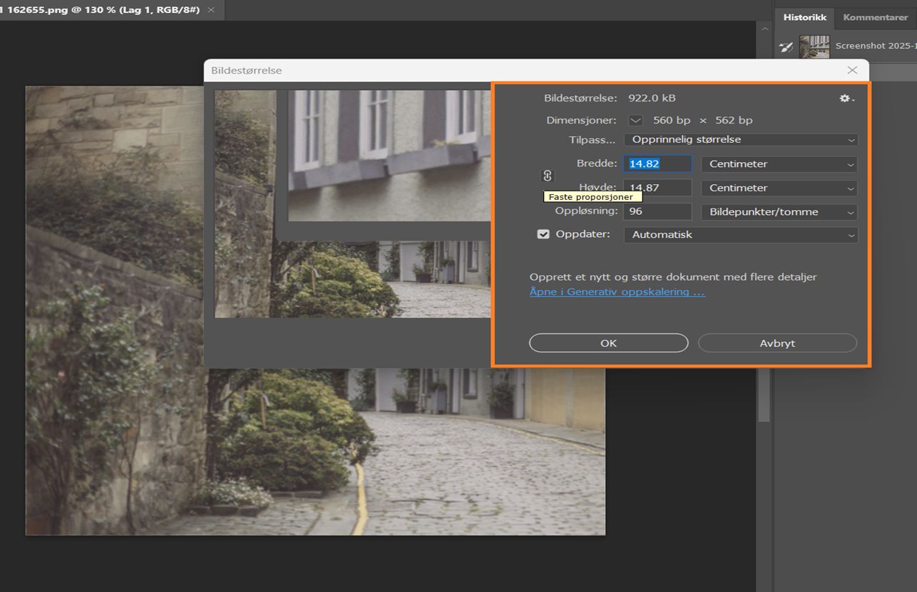 Dialogboksen Bildestørrelse viser bredde og høyde i centimeter, 144 PPI oppløsning og Nærmeste nabo-resampling.