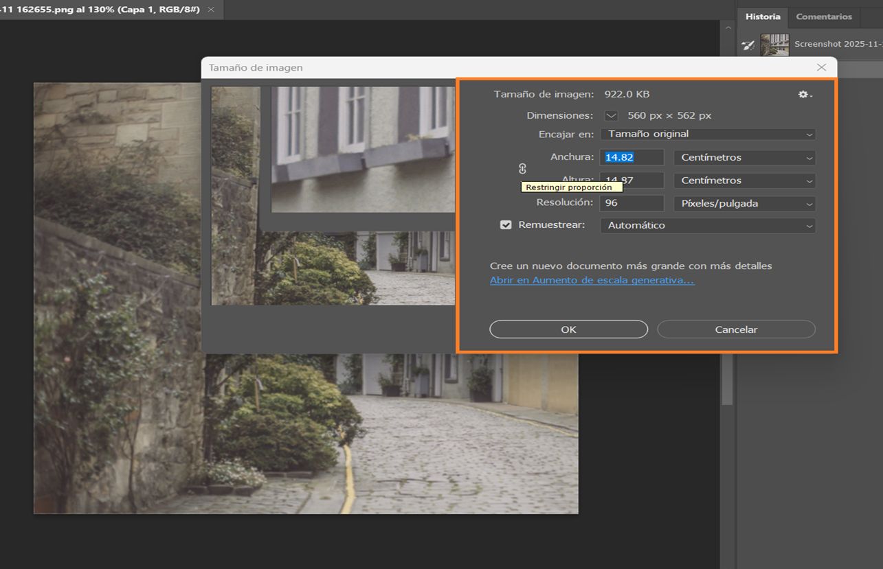 Cuadro de diálogo Tamaño de la imagen mostrando anchura y altura en centímetros, resolución de 144 PPI y remuestreo Vecino más próximo.