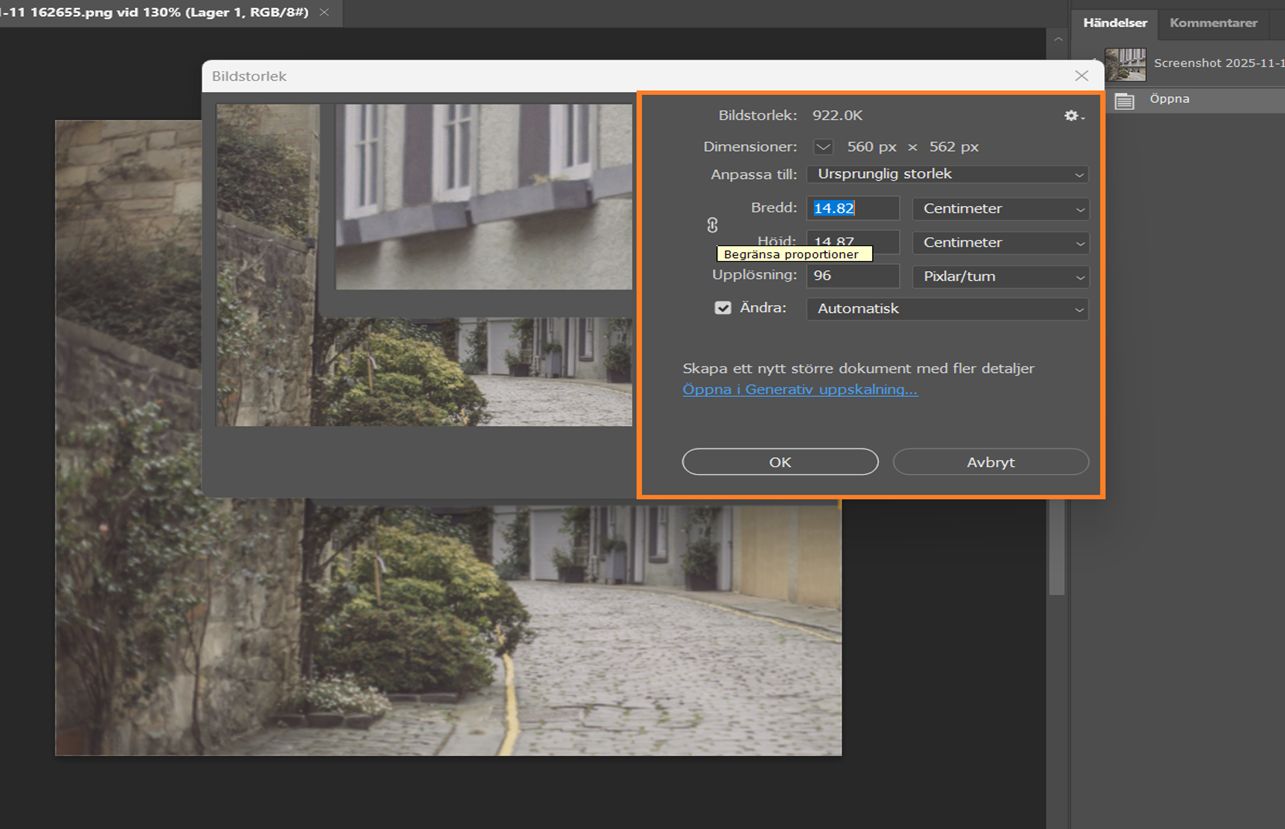 Dialogrutan Bildstorlek visar bredd och höjd i centimeter, 144 PPI upplösning och Närmaste granne-omsampling.