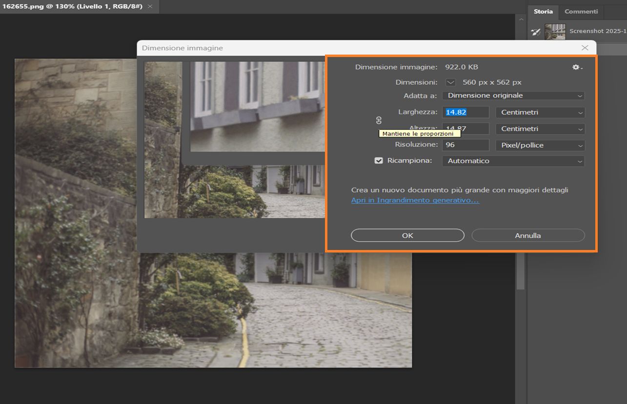 Finestra di dialogo Dimensioni immagine che mostra larghezza e altezza in centimetri, risoluzione 144 PPI e ricampionamento Più vicino.