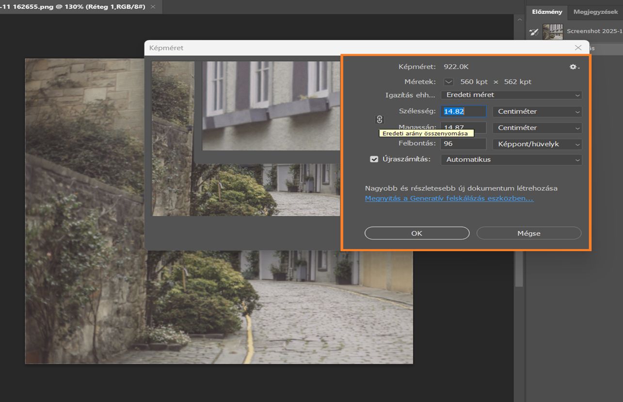 A Képméret párbeszédpanel mutatja a szélességet és magasságot centiméterben, 144 PPI felbontással és Legközelebbi szomszéd újramintavételezéssel.