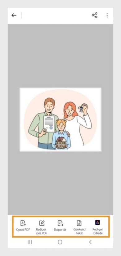 Billede åbnet i Acrobat Android viser værktøjslinje med mulighederne: Opret pdf, rediger som pdf, eksportér, genkend tekst og rediger billede.