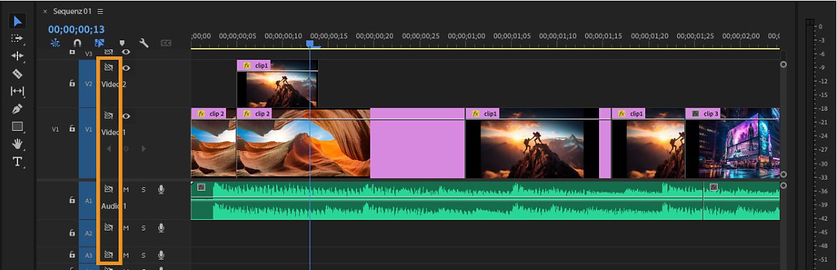 Das Bedienfeld „Schnittfenster“ enthält mehrere Clips in der Sequenz und die Funktion „Synchronisationssperre aktivieren/deaktivieren“ ist aktiviert, was darauf hinweist, dass die Synchronisationssperre für Spuren eines bestimmten Typs aktiviert ist.