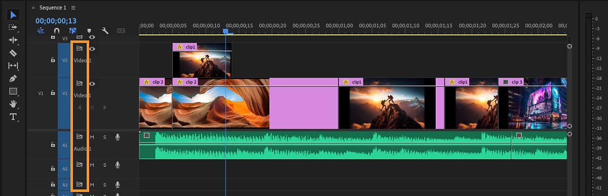 Il pannello timeline ha più clip nella sequenza e mostra l'opzione Attiva/disattiva blocco sincronizzazione selezionata, che indica che il blocco sincronizzazione per le tracce di un tipo particolare è attivato.