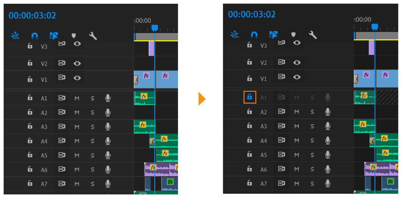 La imagen de resumen comparativo muestra el antes y el después del panel Timeline cuando se activa el bloqueo de pista.