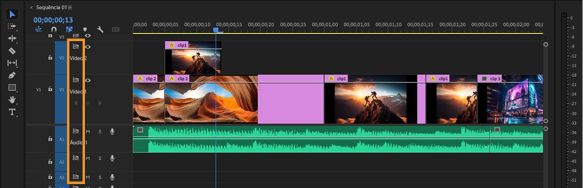 O painel “Linha do tempo” tem vários clipes na sequência e mostra o ícone de “Alternar bloqueio de sincronização” selecionado, indicando que o bloqueio de sincronização para faixas de um tipo específico está habilitado.