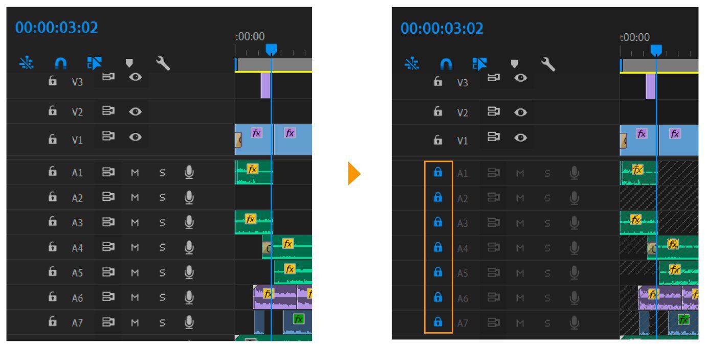 La imagen de resumen comparativo muestra el antes y el después del panel Timeline cuando se activa el bloqueo de pista en varios clips.