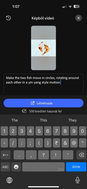 Képből videó képernyő a következő beírt szöveges utasítással: „A két hal mozogjon körkörösen egymás körül, a ying-yang szimbólumhoz hasonlóan.”