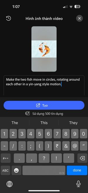 Màn hình Chuyển ảnh thành video với câu lệnh đã nhập: “Hãy làm cho hai con cá di chuyển theo vòng tròn, xoay quanh nhau theo kiểu chuyển động âm dương”.