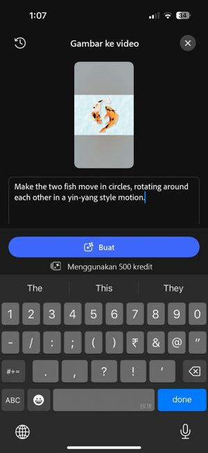 Layar Gambar ke Video dengan prompt teks yang dimasukkan: “Buat dua ikan bergerak melingkar, berputar mengelilingi satu sama lain dengan gerakan gaya yin-yang.”
