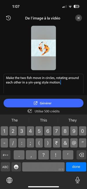Écran De l’image à la vidéo avec une invite textuelle insérée : « Fais bouger les deux poissons en cercles, tournant l’un autour de l’autre dans un mouvement de style Yin-Yang ».