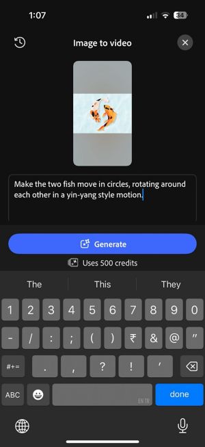 Image to Video screen with a text prompt entered: “Make the two fish move in circles, rotating around each other in a yin-yang style motion.”