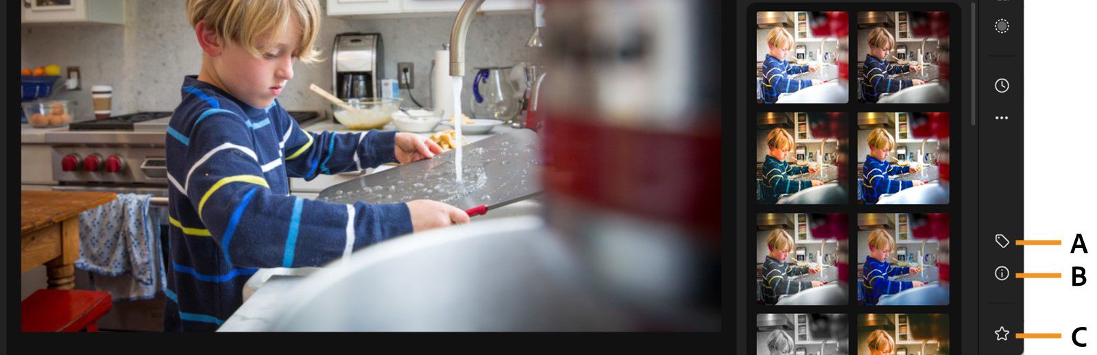 Bilder vises med ulike forhåndsinnstillinger som er lagt til et bilde i lupevisningen, der forhåndsinnstillingen kan ses ved å holde pekeren over et bilde.