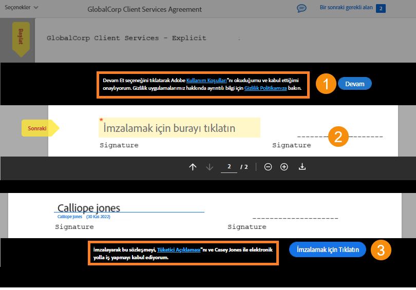 İmzalama sırasında ToU ve CD izni