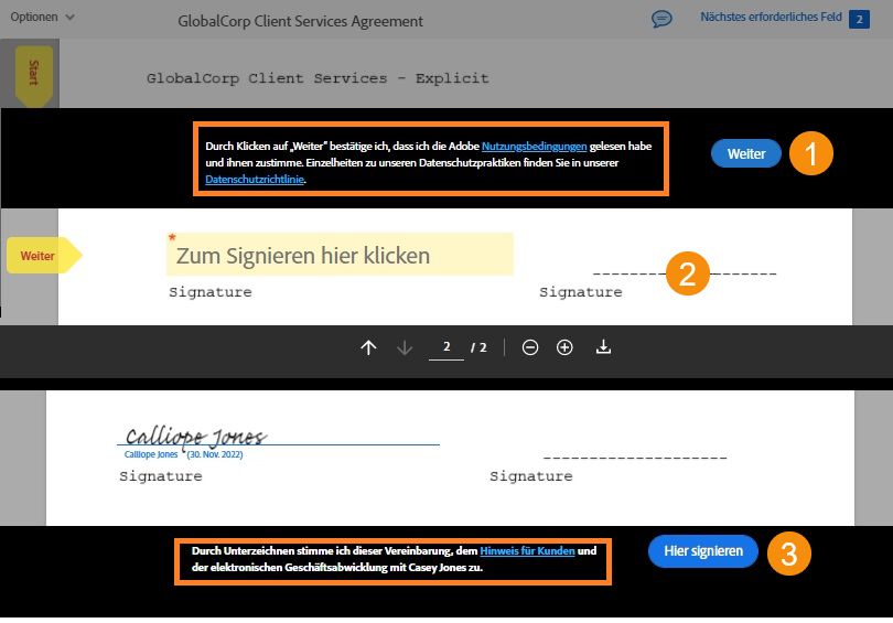 Zustimmung zu den Nutzungsbedingungen und dem Hinweis für Kund*innen bei Signatur