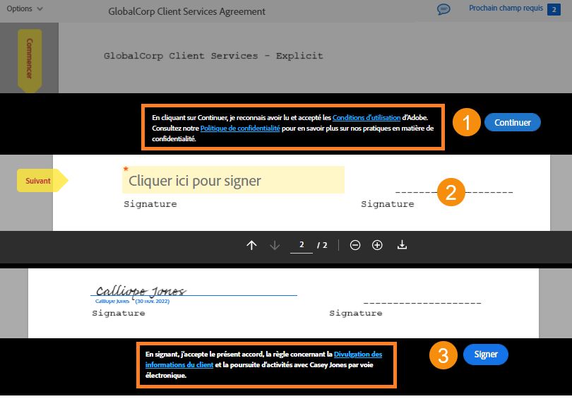 Consentement aux conditions d’utilisation et à la règle concernant la divulgation des informations du client lors de la signature