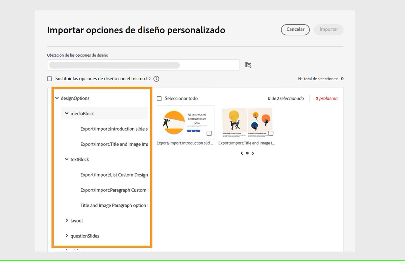 Importar opciones de diseño
