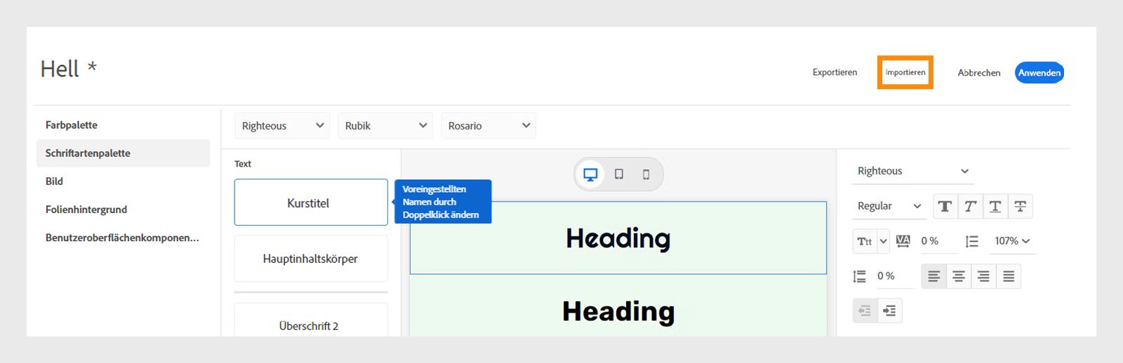 Importieren eines Designs mit umbenannten Vorgaben