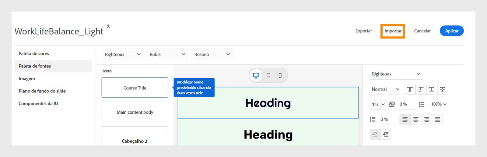 Importar um tema com predefinições renomeadas