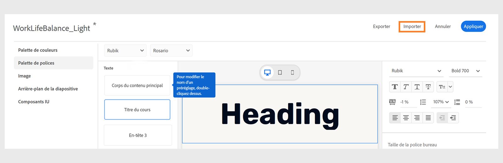 Importation d’un thème avec des paramètres prédéfinis renommés