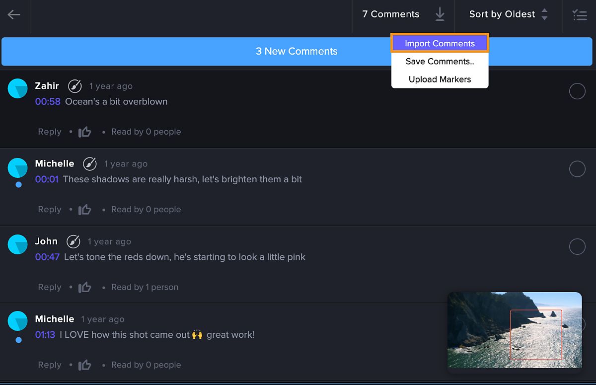 Importe comentários em Baixar comentários selecionados para iniciar a importação dos comentários e torná-los visíveis na linha do tempo.