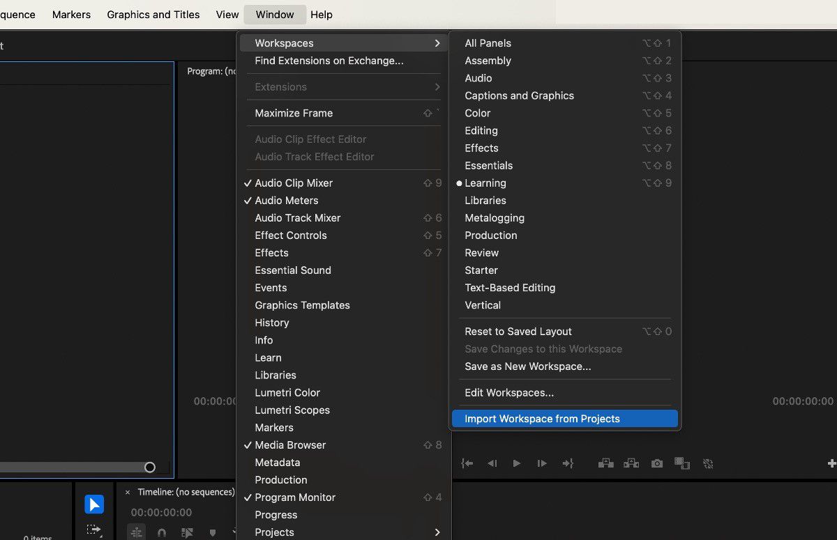 Opción Importar espacio de trabajo desde proyectos seleccionada para importar el espacio de trabajo de un proyecto guardado al proyecto actual., Imagen