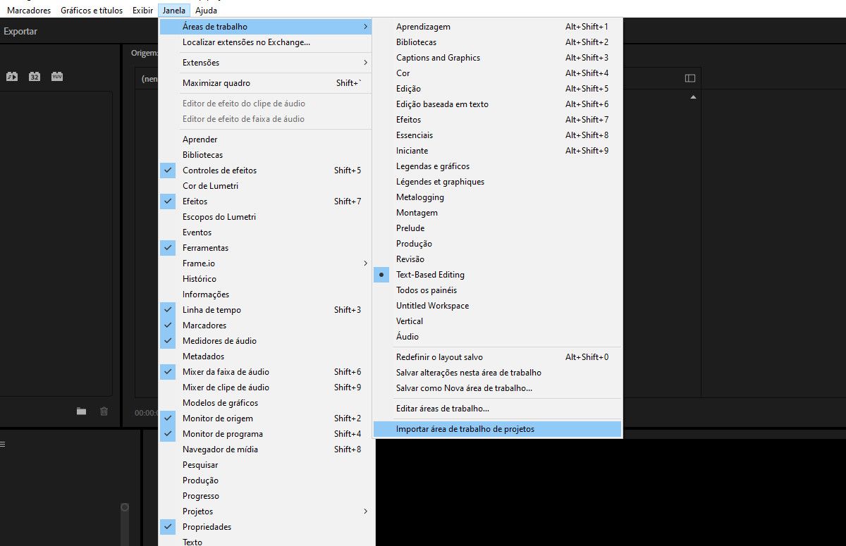 Opção Importar área de trabalho de projetos selecionada para importar a área de trabalho de um projeto salvo para o projeto atual. Imagem