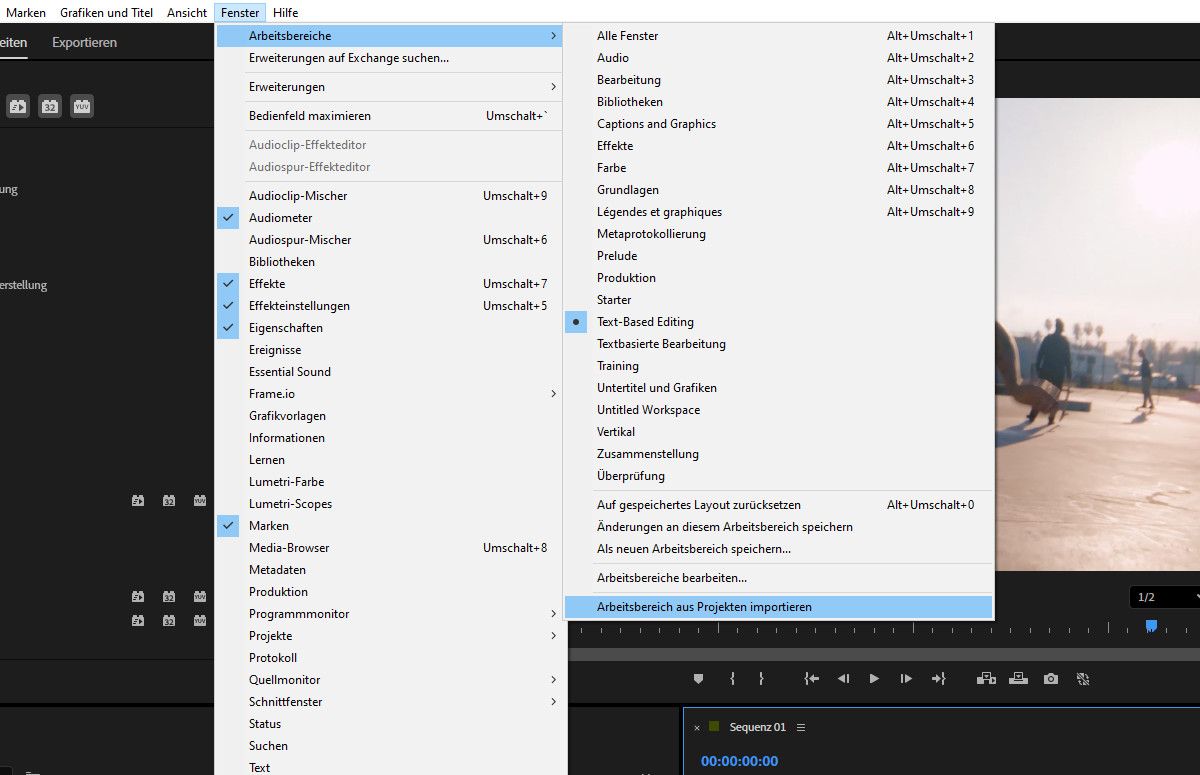 Die Option „Arbeitsbereiche aus Projekten importieren“ ist ausgewählt, um den Arbeitsbereich eines gespeicherten Projekts in das aktuelle Projekt zu importieren., Bild