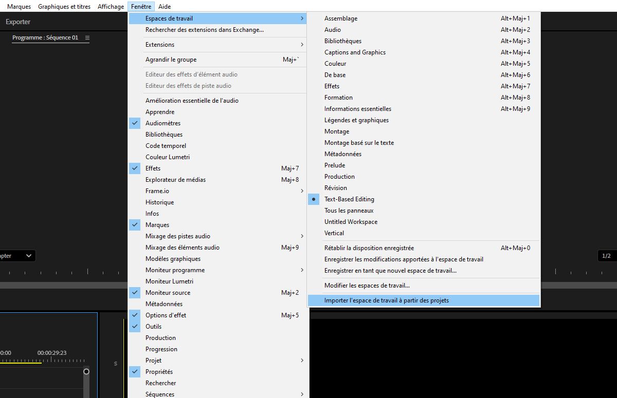 Option Importer l’espace de travail à partir des projets sélectionnée pour importer l’espace de travail d’un projet enregistré dans le projet actuel. Image