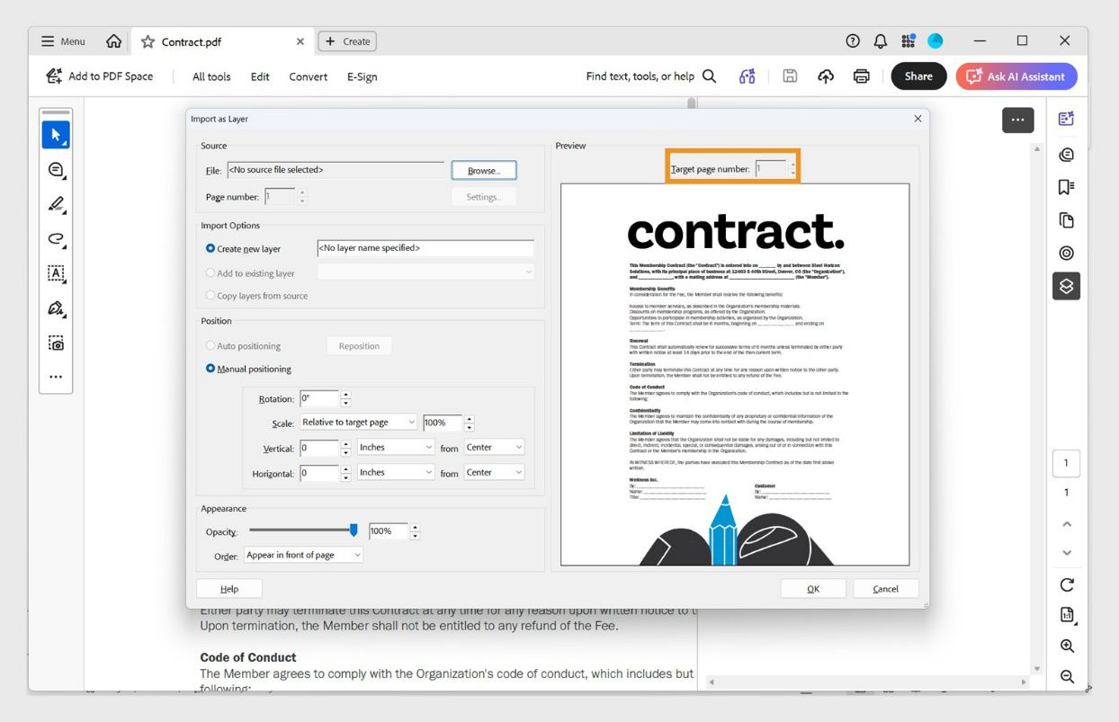 Import as layer dialog box na nagpapakita ng Preview panel kasama ang Target page number field na naka-highlight.