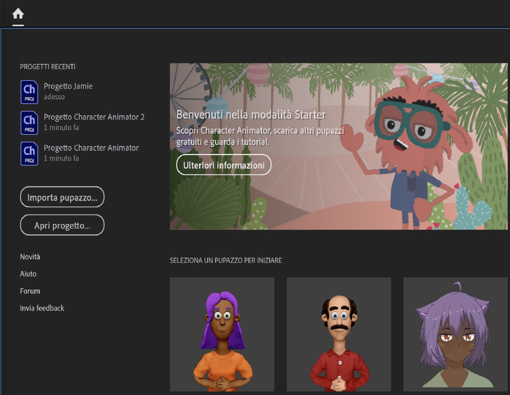 Selezione del pupazzo in modalità Starter dalla schermata iniziale