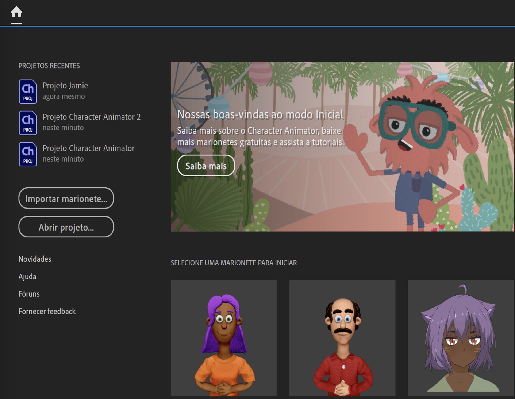 Seleção de marionete no modo inicial na tela inicial