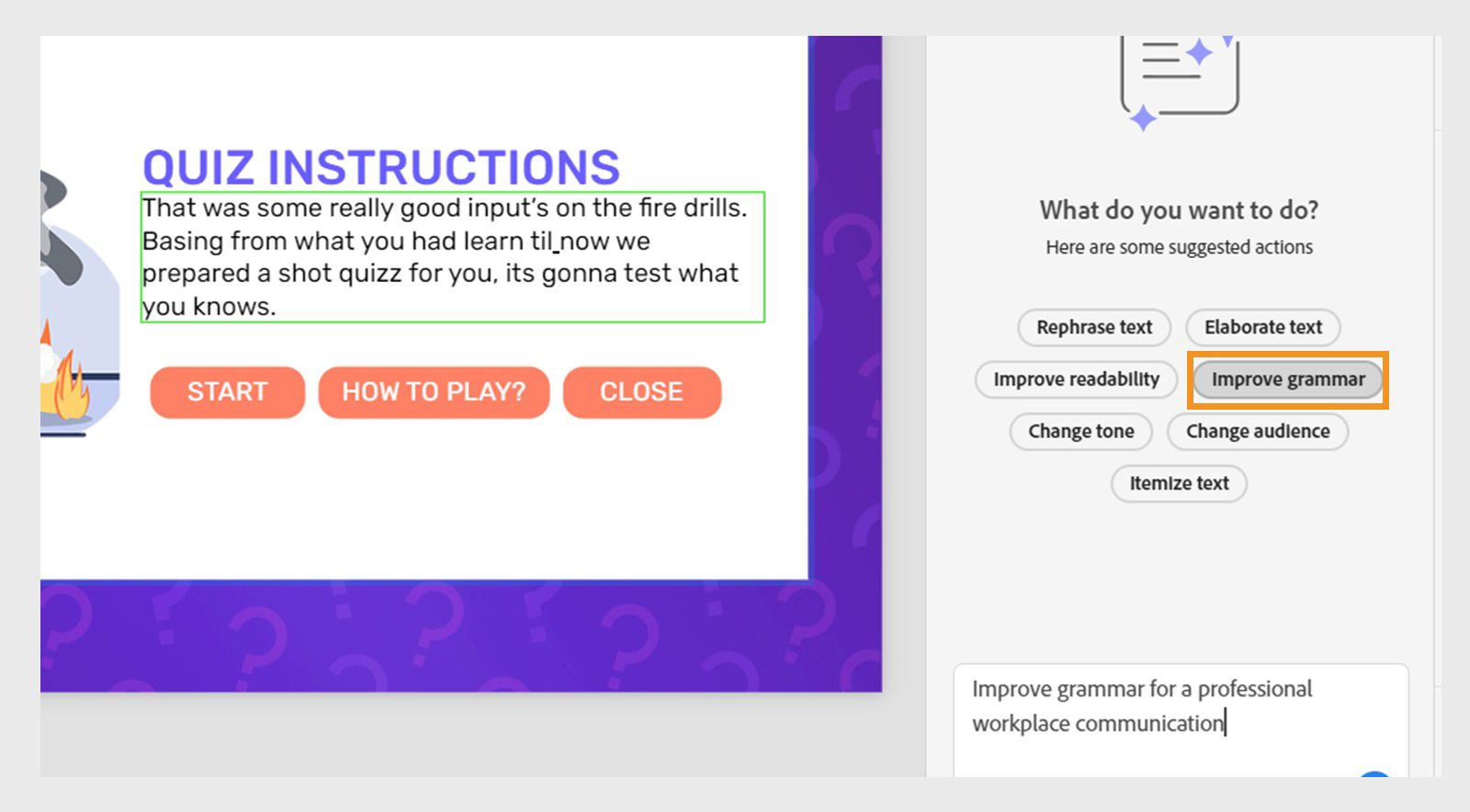 Improve grammar dialog showing the Generate text option with Improve grammar selected from the dropdown menu.