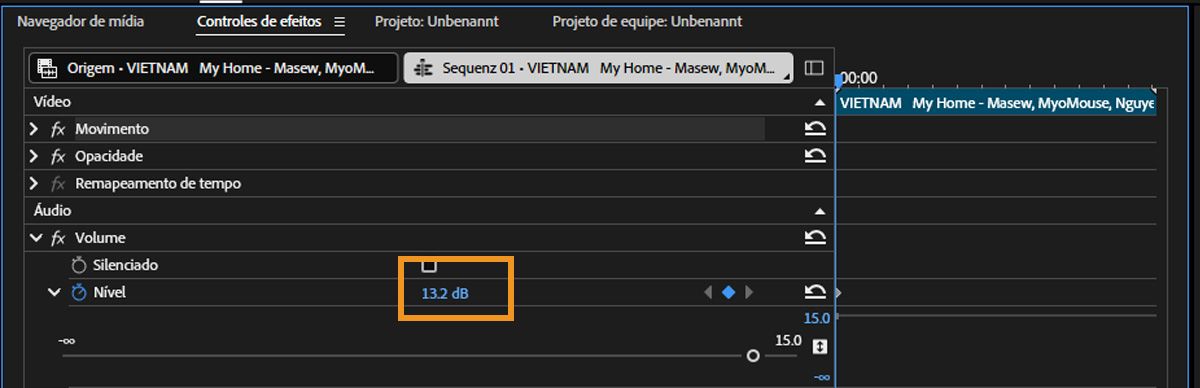 Na seção Áudio do painel Controles de efeitos, há um ponteiro para a propriedade Nível que pode ser arrastado para a esquerda para diminuir ou para a direita para aumentar o valor.