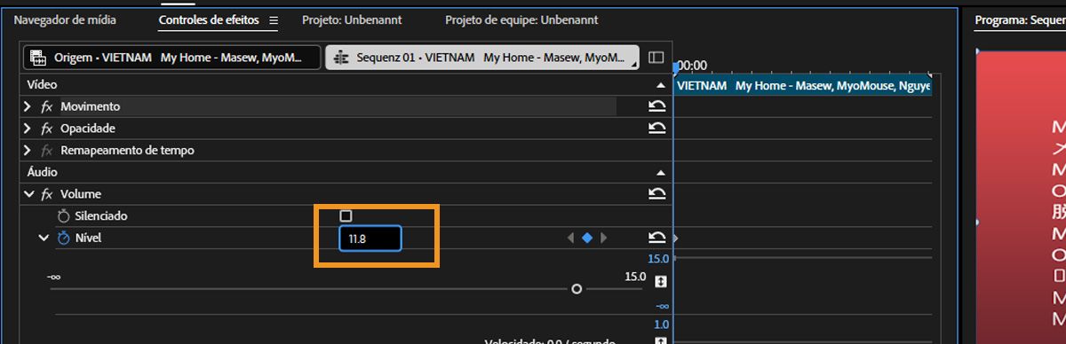 Na seção Áudio do painel Controles de efeitos, a propriedade Nível é ativada, permitindo que você adicione um Valor personalizado.