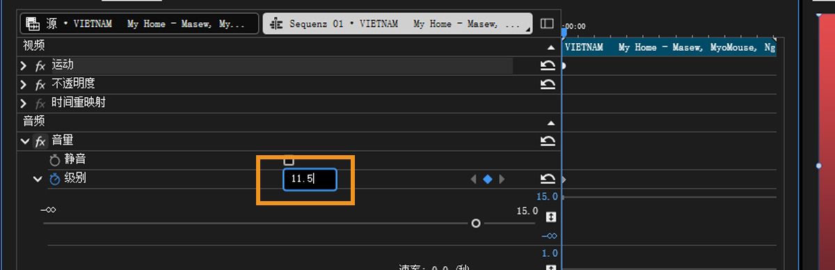 在效果控制面板的音频部分，电平属性已被激活，您可输入自定义数值。