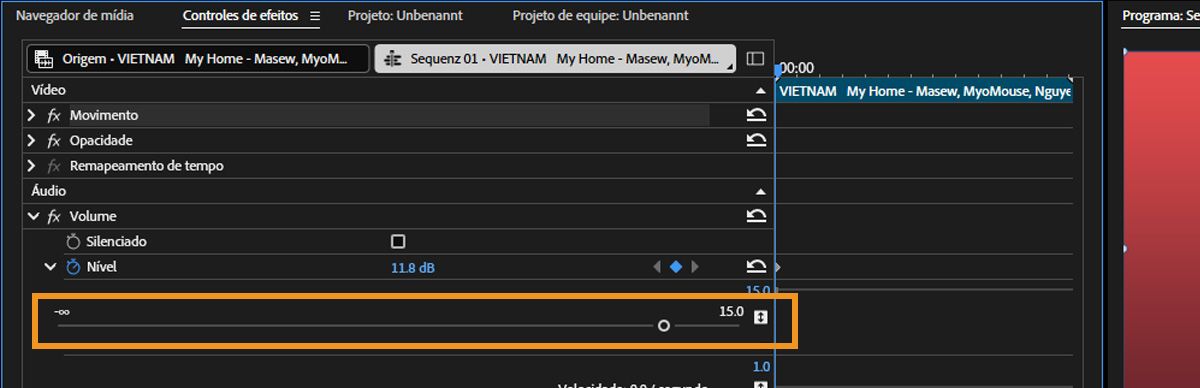 Na seção Áudio do painel Controles de efeitos, a propriedade Nível é expandida e há uma opção para usar um controle deslizante para alterar o Valor.