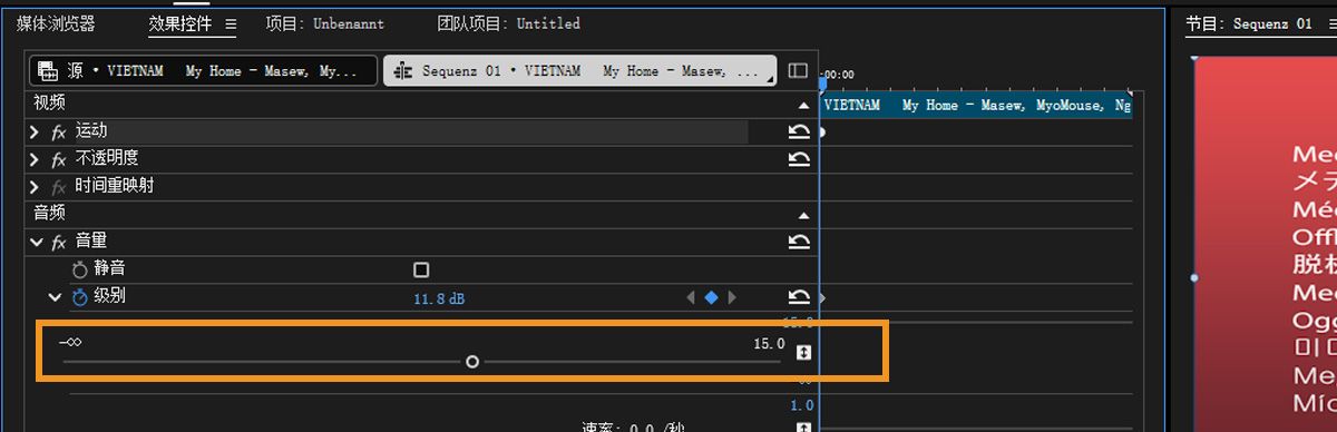在效果控制面板的音频部分，电平属性已展开，可通过滑块调整数值。