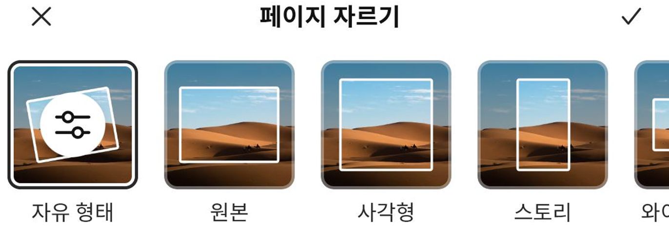 하단의 자르기 대화 상자에서 기본 또는 모양 섹션에서 크기를 선택하여 이미지를 원하는 모양으로 자릅니다.