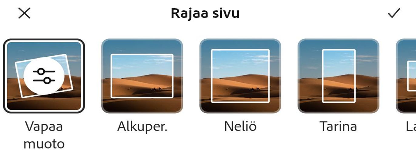 Rajaus-valintaikkunan alaosassa valitse koko Perus- tai Muodot-osiosta rajaaksesi kuvan haluamaasi muotoon.