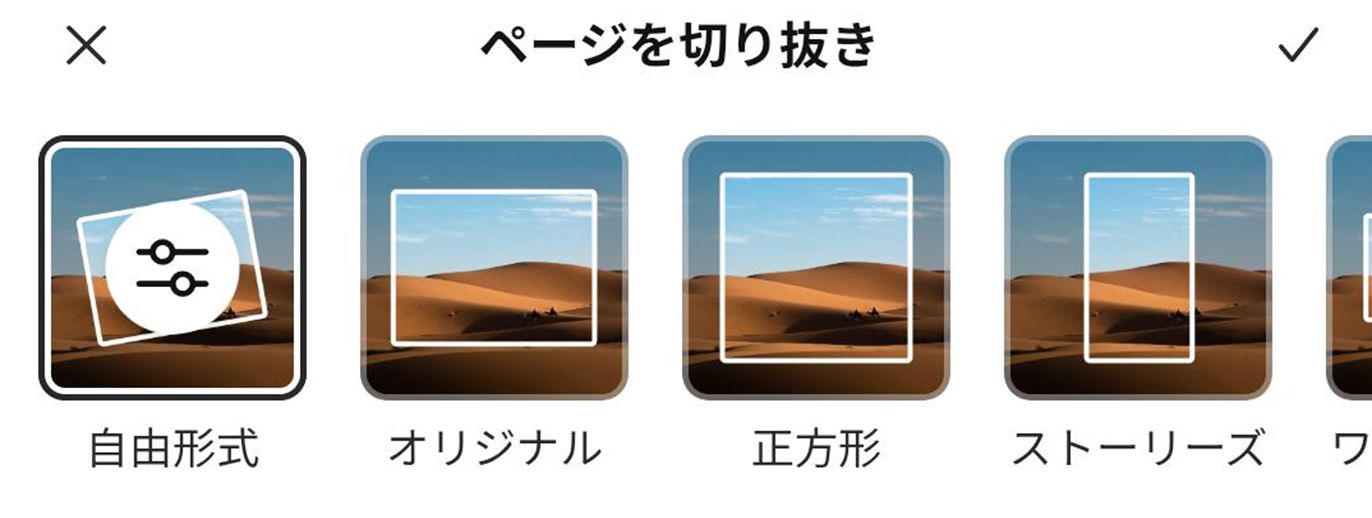 下部の切り抜きダイアログで、「基本」または「シェイプ」セクションからサイズを選択して、画像を目的の形状に切り抜きます。