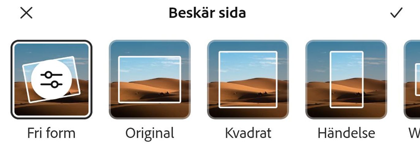 I dialogrutan Beskär längst ned väljer du storleken från avsnittet Grundläggande eller Former för att beskära bilden till önskad form.