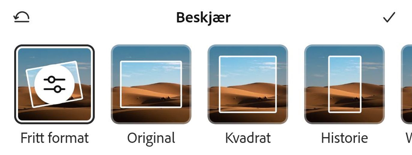 I Beskjær-dialogboksen nederst velger du størrelsen fra Grunnleggende- eller Former-delen for å beskjære bildet til ønsket form.