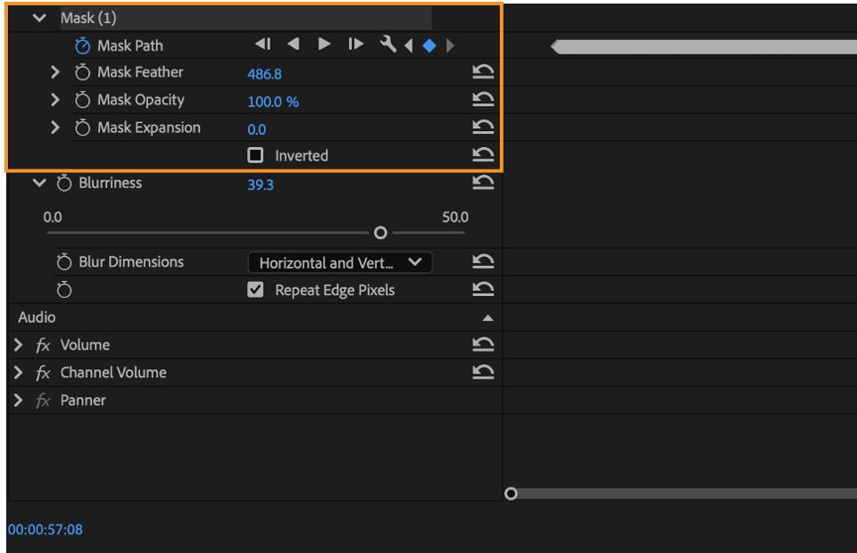 Nel pannello Controlli effetto, le proprietà dell'effetto Camera Blur vengono visualizzate quando la maschera è selezionata nel Monitor programma.