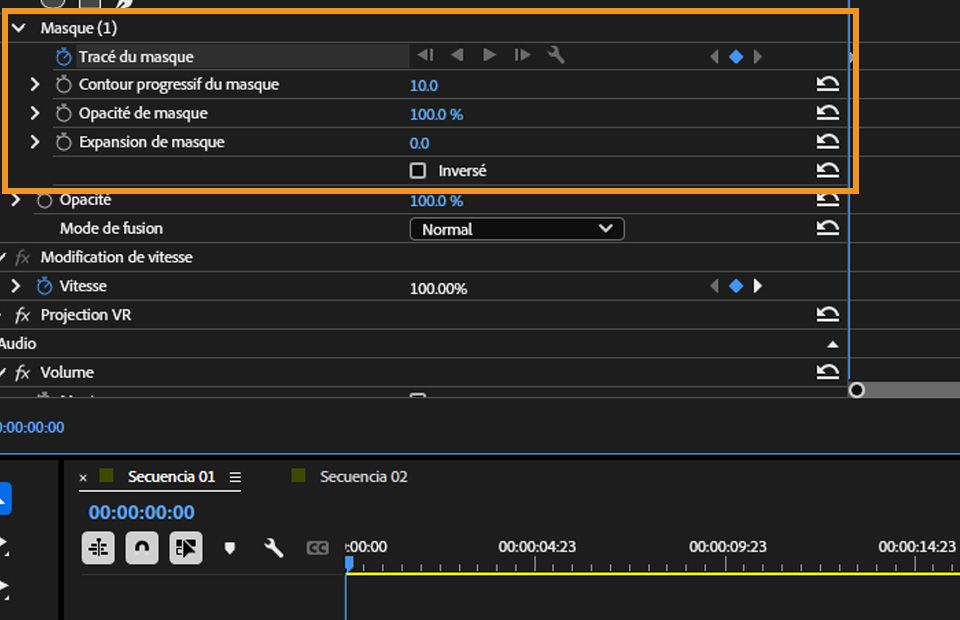 Dans le panneau Contrôles d'effet, les propriétés de l'effet Flou de caméra s'affichent lorsque le masque est sélectionné dans le Moniteur du programme.