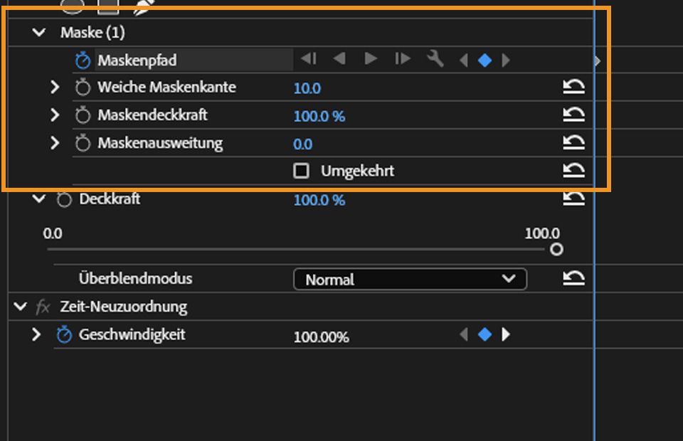 Im Bedienfeld „Effekteinstellungen“ werden die Eigenschaften des Effekts „Kamera weichzeichnen“ angezeigt, wenn die Maske im Programmmonitor ausgewählt ist.