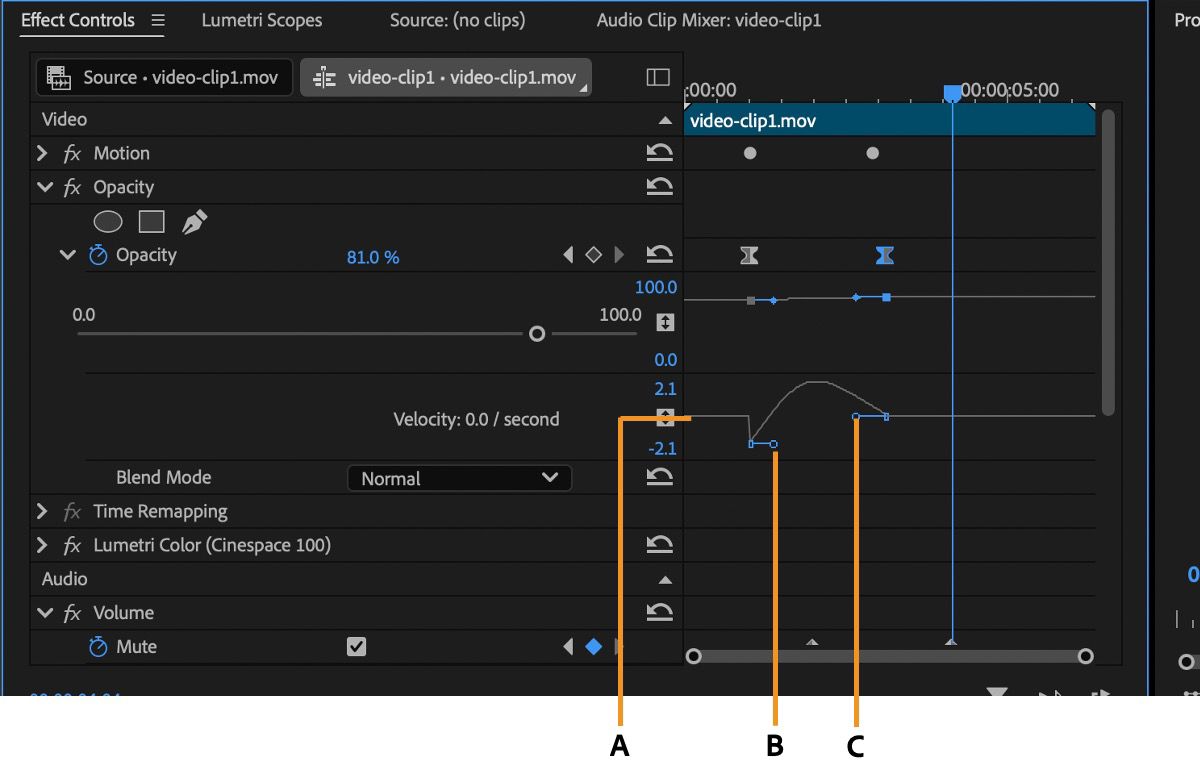 Nel pannello Controlli effetto è aperto e puoi utilizzare il grafico Velocità per regolare il movimento o il tasso di variazione di un valore appena prima e appena dopo un fotogramma chiave.