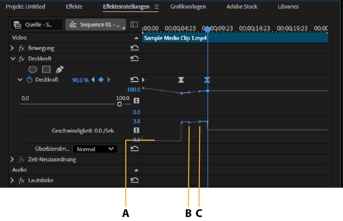 Im Bedienfeld „Effekteinstellungen“ kannst du mithilfe des Geschwindigkeitsdiagramms die Bewegung oder Änderungsrate für einen Wert direkt vor und direkt hinter einem Keyframe anpassen.
