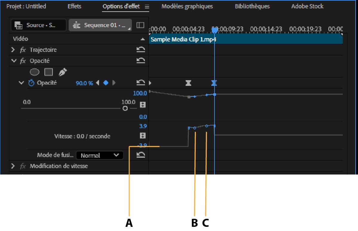 Dans le panneau Options d’effet, vous pouvez utiliser le graphique Vitesse pour modifier la trajectoire ou le taux de changement d’une valeur juste avant et juste après une image clé.
